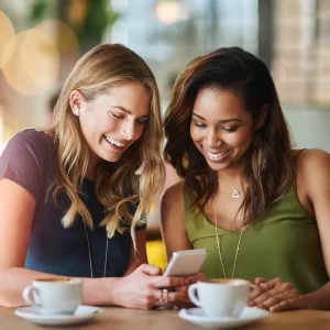 Two girlfriends smiling after receiving a Gift Card Market gift card on their mobile device